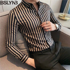 2023 Spring Shirts Men Dress Vertical Stripe Shirts Slim Men Casual