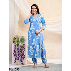 Women Party Wear Kurti Pant Blue Color Printed Kurta Palazzo with