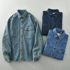 Vintage washed vertical stripe denim shirt men's loose large size