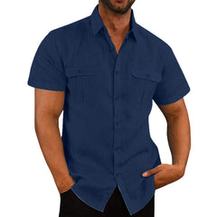 Cotton Linen Hot Sale Men Short-Sleeved Shirts Summer Solid Color