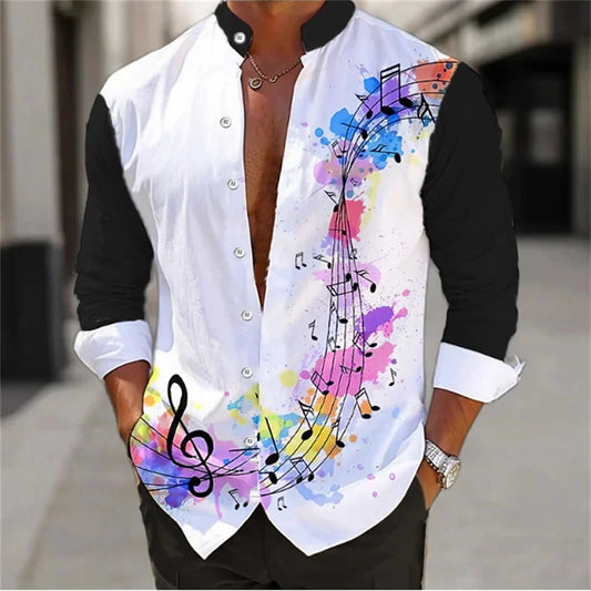 Summer 2024 Men's Shirt Long Sleeve Music Note 3D Printed Stand Collar