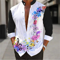 Summer 2024 Men's Shirt Long Sleeve Music Note 3D Printed Stand Collar