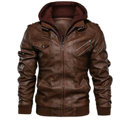 Men Hooded Leather Jackets Slim Casual Leather Coats New Fashion Male