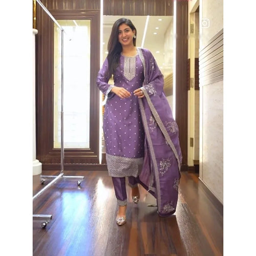 Lavender Blue Kurta Pants Dupatta Pure Cinon Silk Embroidered Workwear