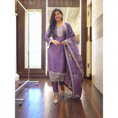 Lavender Blue Kurta Pants Dupatta Pure Cinon Silk Embroidered Workwear