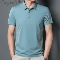 Tcyeek Slim 100% Mulberry Silk Shirt Men Polo Shirts Short Sleeves