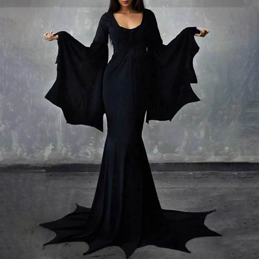 Witchy Costume Morticia Addams Wednesday Train Floor Dress Women