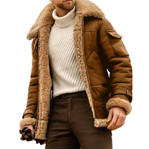 Men Plus Size Winter Coat Lapel Collar Long Sleeve Padded Leather