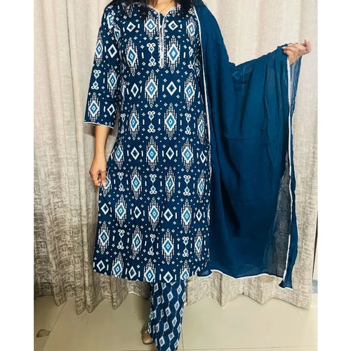 Blue Color Printed Kurta Palazzo with Dupatta Set Women Salwar Kameez