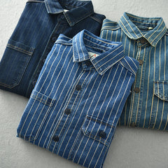 Vintage washed vertical stripe denim shirt men's loose large size