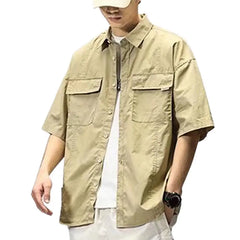 Men Cargo Shirt Hip-hop Turn-down Collar Short Sleeves Single-breasted