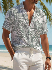 Men's Plant Print Vacation Style Short Sleeve Button-Down Shirt