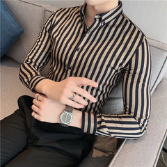 2023 Spring Shirts Men Dress Vertical Stripe Shirts Slim Men Casual