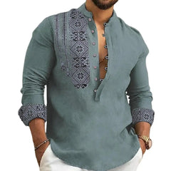 Spring Fall Men Shirt Vintage Ethnic Style Stand Collar Men Top Half