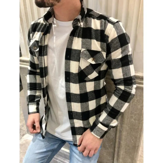 Autumn Casual Plaid Flannel Shirt Men Long-Sleeved Chest Two Pocket