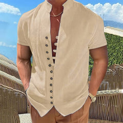 New Men's Short Sleeve Tshirt V neck button Cotton Linen Shirt Men's