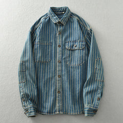 Vintage washed vertical stripe denim shirt men's loose large size