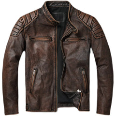 Vintage Yellow Brown Real Cowhide Genuine Leather Jacket Men