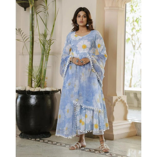 Palazzo Suit Round Neck Flower Print Ankle Length Derss Ethnic Flared