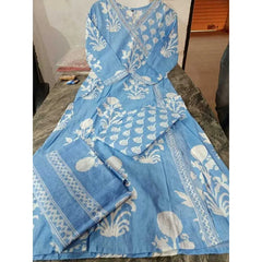 Women Party Wear Kurti Pant Blue Color Printed Kurta Palazzo with