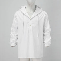 Men'S Cotton Linen Hooded Shirts Classic Solid Color Drawstring Button