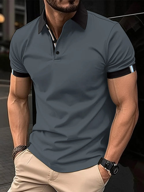 2024 Summer men's button-up polo shirt solid color short-sleeved lapel