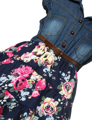 Summer Denim Dress Belted Above Knee Floral Bottom Girls Casual Frock