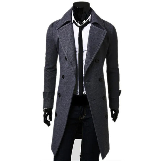 Mens Double Breasted Trench Coat Wool Blend 2023 Autumn Winter Solid