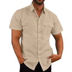 2023 Men Short-Sleeved Shirts Summer Solid Color Stand-Up Collar