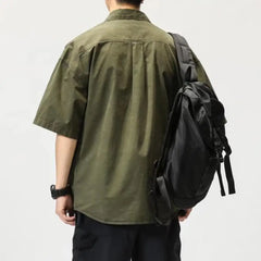 Men Cargo Shirt Hip-hop Turn-down Collar Short Sleeves Single-breasted