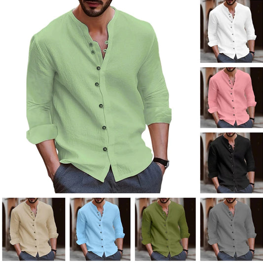 Men Cotton Linen Beach Shirt Stand Collar Social Formal Shirts Blouses