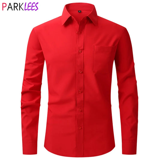 Men's Red Dress Shirts 2023 Spring New Regular Fit Long Sleeve Shirt