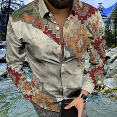 Social Fashion Men Shirts Casual  Buttoned Shirt Aztec Ethnic Print