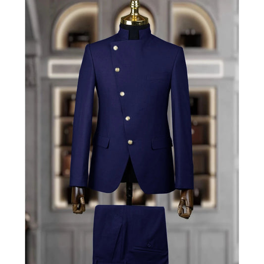 SILIWEYA Stand Collar Mens Suit Indian Gold Button Wedding Tuxedo