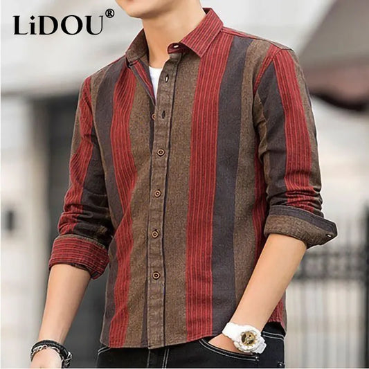 Spring Autumn New Fashion Striped Shirt Man Turn-down Collar Long