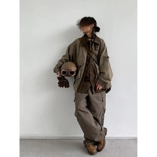 Bomber Jacket Men Vintage Multi-pocket Loose Safari Coat Harajuku
