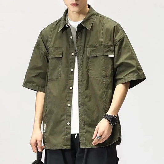 Men Cargo Shirt Hip-hop Turn-down Collar Short Sleeves Single-breasted