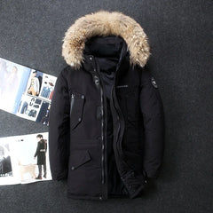 Men Winter Duck Down Coats Hooded Fur Collar Long Down Jackets High