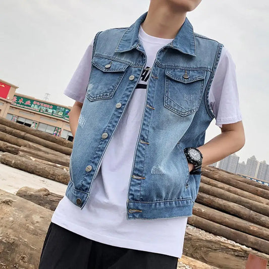 Men Denim Vests 2023 Spring Summer Ripped Long Hole Jeans