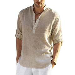 New Men's Linen Long Sleeve Breathable Shirt Solid Color Casual Basic