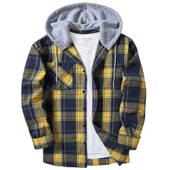 Spring Autumn Men's Checkered Shirt Hooded Flannel Warm Fashion Luxury