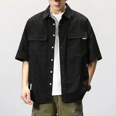 Men Cargo Shirt Hip-hop Turn-down Collar Short Sleeves Single-breasted