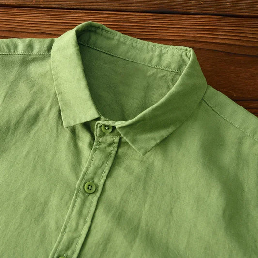 Green Cotton Linen Casual Shirts For Men Basic Classic Long Sleeve