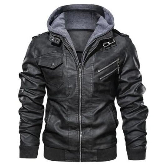 Men Hooded Leather Jackets Slim Casual Leather Coats New Fashion Male