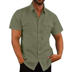 Cotton Linen Hot Sale Men Short-Sleeved Shirts Summer Solid Color