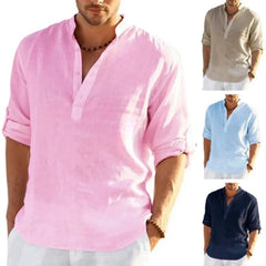 New Men's Linen Long Sleeve Breathable Shirt Solid Color Casual Basic