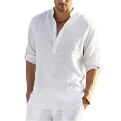 New Men's Linen Long Sleeve Breathable Shirt Solid Color Casual Basic