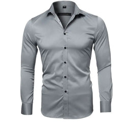 Black Bamboo Fiber Shirt Men Casual Slim Fit Mens Dress Shirts Solid