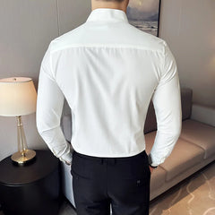 Mens Standing Collar Shirt Long Sleeved 2024 Autumn New Solid Color