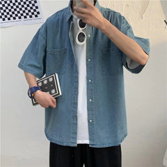 Blue Denim Short Sleeve Shirts Men Summer Thin Korean Fashion Top